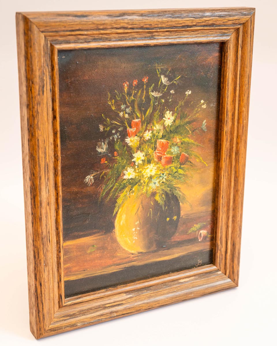 Olieverf schilderijtje bos bloemen in houten frame, gesigneerd JB