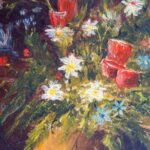 Olieverf schilderijtje bos bloemen in houten frame, gesigneerd JB