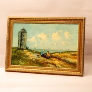 Schilderij van de Vuurbaak van Katwijk, gesigneerd door MS